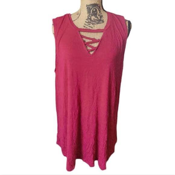 Size 18/20 Livi wine purple lattice cage front knit sleeveless tunic length top - Picture 1 of 2